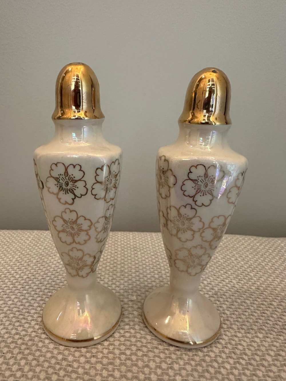VTG Homer Laughlin Iridescent Salt & Pepper Shakers Floral Nautilus Lusterware